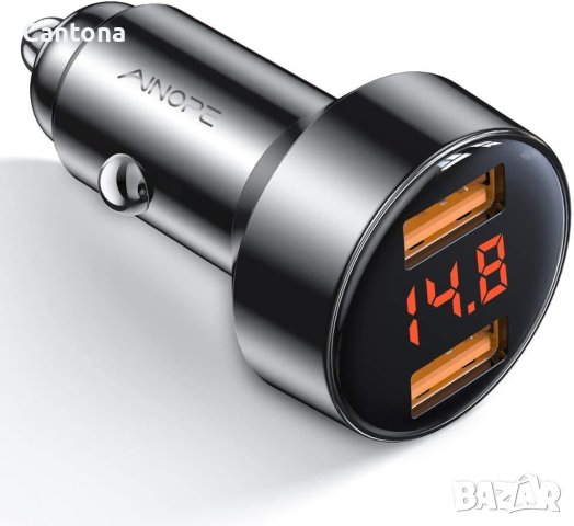 AINOPE зарядно за кола, 2xUSB QC3.0 6A/36W , метален корпус, волтметър