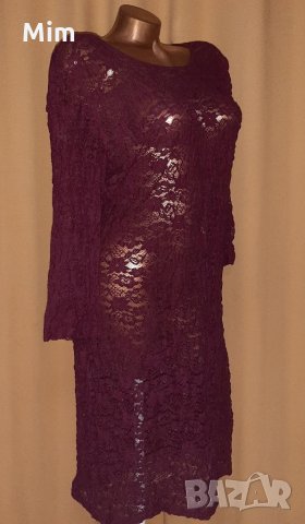 MONGUL M/L Дантелена, прозрачна рокля бордо с дълъг ръкав , снимка 3 - Рокли - 34853367