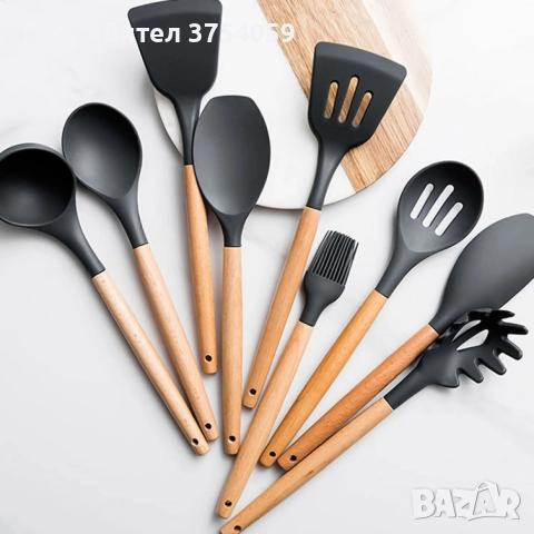 Комплект кухненски прибори от 12 бр. с дървена дръжка, снимка 2 - Прибори за хранене, готвене и сервиране - 52382116