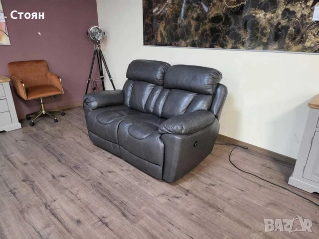 Сив кожен диван двойка с електрически релаксиращ механизъм, снимка 6 - Дивани и мека мебел - 51954740