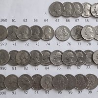 Монети. САЩ. 1/4 Американски долари . Quarter . Пълен комплект. 33  бройки. От 1965 до 1998 г. вкл., снимка 1 - Нумизматика и бонистика - 30118402