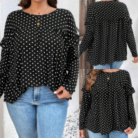 Красива макси силно еластична блуза в черно на бели точки с къдрички, снимка 1 - Блузи с дълъг ръкав и пуловери - 44724832