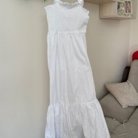 Нова дълга елегантна бяла рокля one size размер волани ластична горна част 100% памук памучна рокля , снимка 13 - Рокли - 42055857