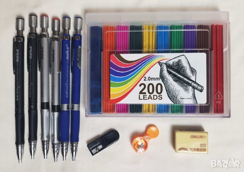 Комплект 6 механични молива 2мм + 200 броя 2B цветен цветни + 6 черни графита, снимка 1