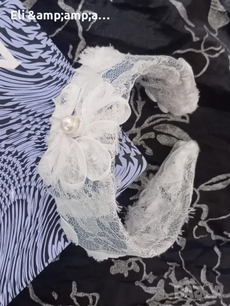 Широка дънкова диадема с бяла дантела и перли, снимка 1