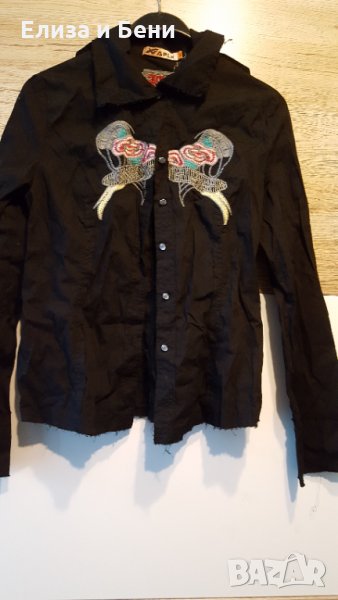 черна риза с дълъг ръкав с флорална бродерии, снимка 1