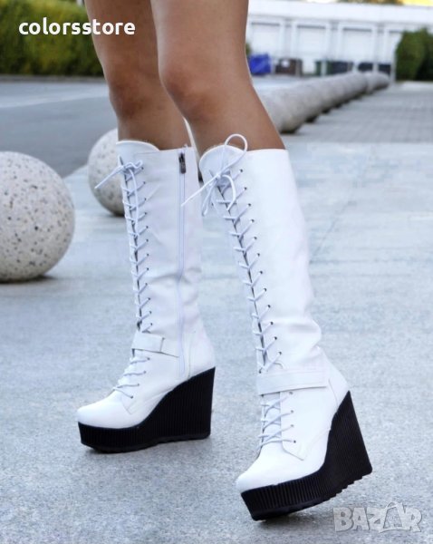 Ботуши на платформа - бяла кожа с черно ходило - 1905, снимка 1