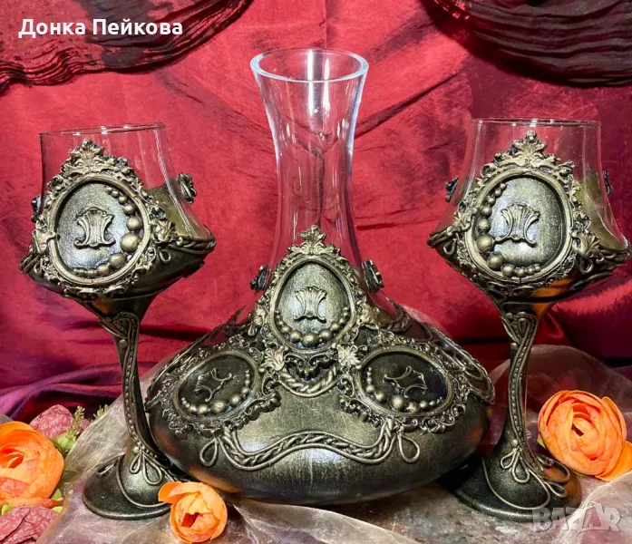 Сервиз за вино ръчна изработка в злато, снимка 1