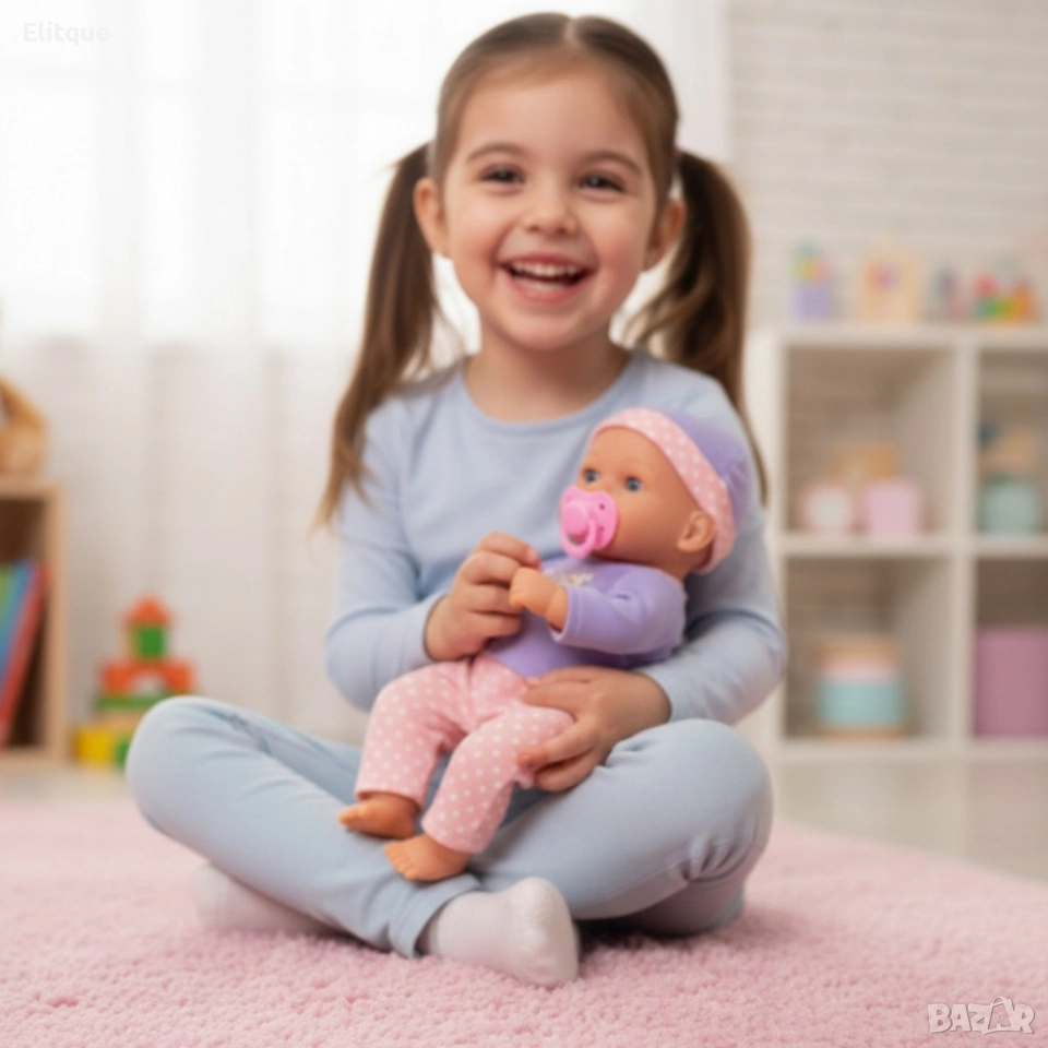 Легнало бебе с биберон и 10 звука – нежна коледна играчка за грижа и обич Babylove, снимка 1