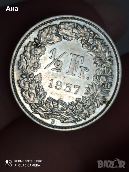 1/2 франка швейцарски унк сребро 1957 г

, снимка 1