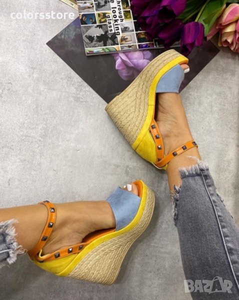 Сандали на платформа - синьо със жълто - 3416, снимка 1