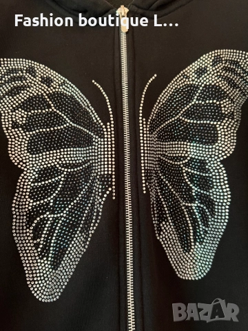 Черен анурак с пеперуда от сребърни камъчета и качулка С размер 100% памук 🖤, снимка 6 - Суичъри - 51463484