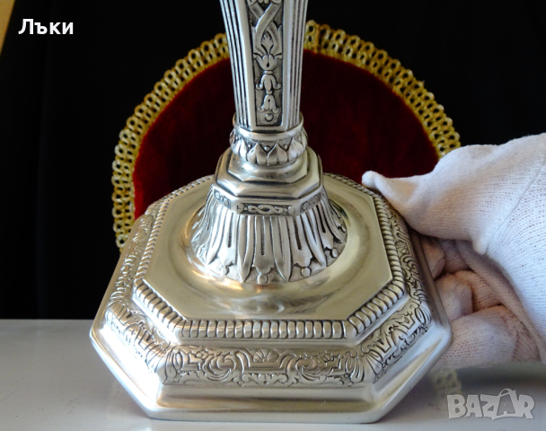 Френски готически двоен свещник от калай 1.5 кг. , снимка 4 - Антикварни и старинни предмети - 44620463