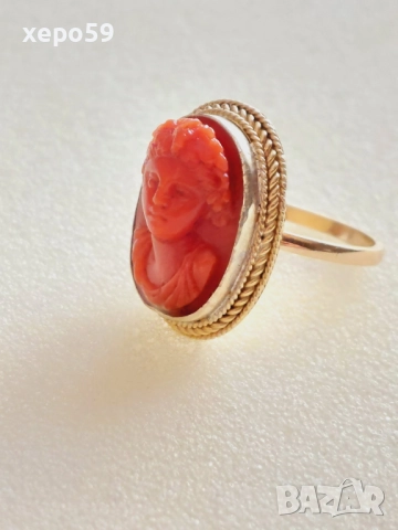 Дамски златен пръстен 14к с инкрустирана коралова камея, снимка 9 - Пръстени - 52624282