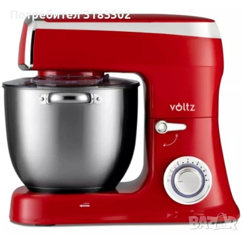 Планетарен миксер с купа от инокс Voltz, 2100W, 7.5 литра, 3 бъркалки, 6 степени + Pulse, LED, Черве, снимка 3 - Миксери - 51525984