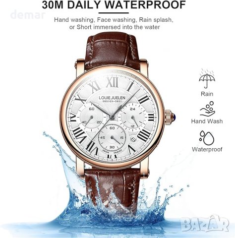 eYotto Мъжки ръчен часовник стилен кварцов от неръждаема стомана с каишка от естествена кожа, снимка 6 - Мъжки - 44496702