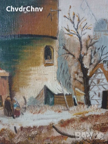 54х44см/малка картина масло върху платно/пейзаж/къщи-каменна кула-мелница/1986/дървена рамка, снимка 6 - Картини - 51215077