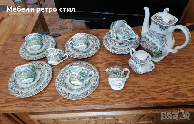 Красив английски порцеланов сервиз за чай/кафе на Myott Staffordshire, ръчно рисуван с ловни сцени. , снимка 1
