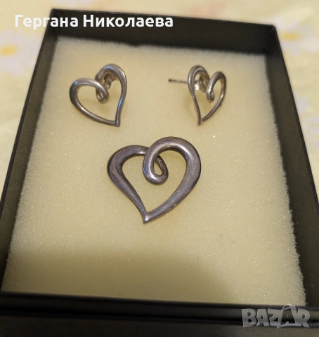 Комплект сребърни обеци и висулка сърце, снимка 2 - Обеци - 52424821