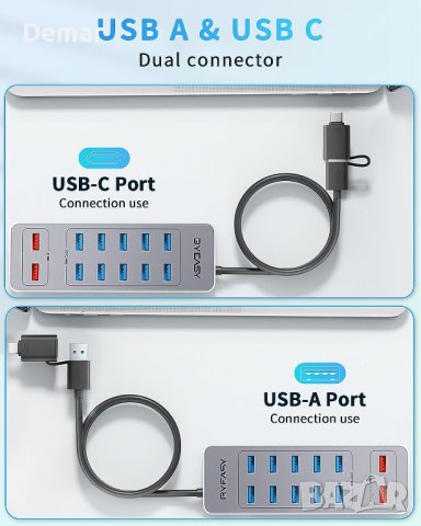 Захранващ USB хъб BYEASY 13-портов за данни 10 USB 3.0 бързо зареждане, снимка 7 - Мрежови адаптери - 41766387