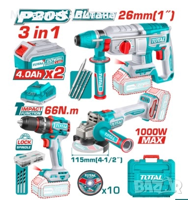 Ъглошлайф, перфоратор и винтоверт акумулаторни 20V 2x4 Ah