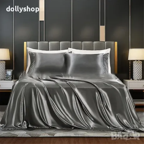 Silver Сив Спален Комплект от Сатен 4 Части 200/220см с ластик, снимка 1