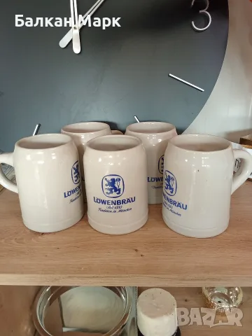 🔥 Ретро класика от Мюнхен! 5 бр. оригинални немски глинени халби Löwenbräu (West Germany),нови