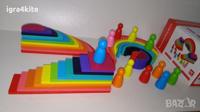 4в1 Сет дървени играчки по модел Grimms с полукръгове, правоъгълни табли, дъга и човечет, снимка 2 - Образователни игри - 38793839
