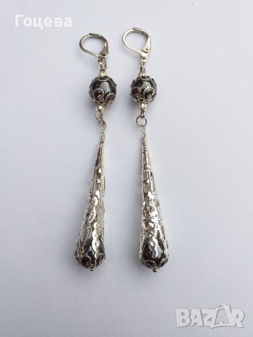 Разкошни обици с камъни Хематит и богати орнаменти в цвят сребро, снимка 4 - Обеци - 41565971