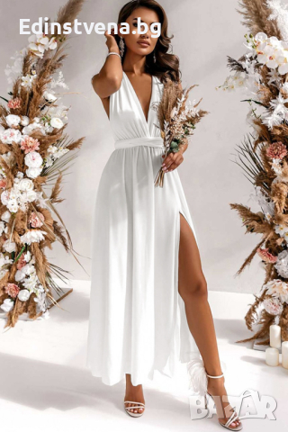 Дълга елегантна дамска рокля в бяло, с цепка и ефектен гръб, снимка 3 - Рокли - 44716830