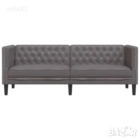 vidaXL Диван Chesterfield с 3 седящи места, сив, kunstnahast, снимка 4 - Дивани и мека мебел - 56147444