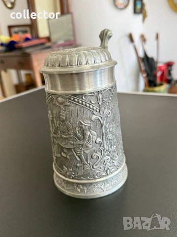 Немска калаена халба с капак - Alwe. №7853, снимка 8 - Антикварни и старинни предмети - 53444909