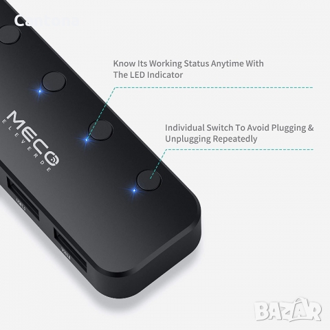 MECO 4-портов USB 3.0 хъб, USB хъб за данни с индивидуални LED превключватели, ултра тънък, снимка 2 - Други - 36040078