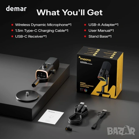 MAONO PD100W Безжичен геймърски микрофон, 2.4GHz безжичен и USB, снимка 8 - Микрофони - 53777412