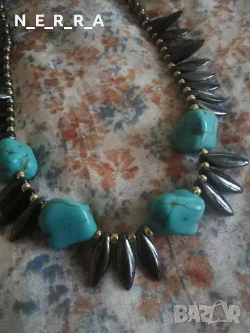 Гердан от естествен тюркоаз и хематит, снимка 3 - Колиета, медальони, синджири - 50584310