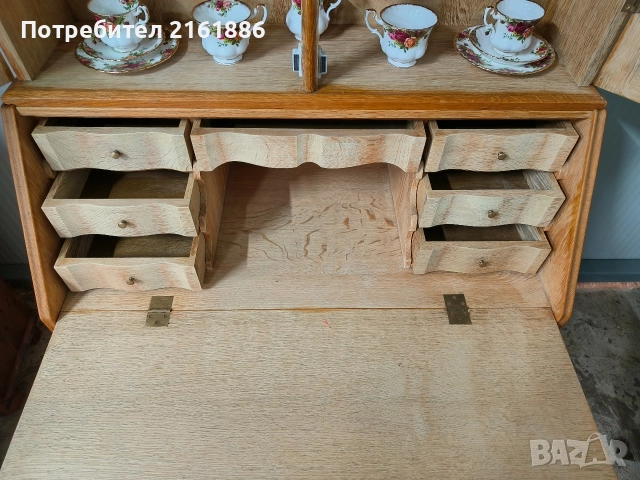 Дъбово писалище с надстройка с оловен витраж , снимка 6 - Шкафове - 52724858