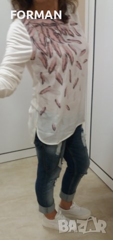 Тъничка бяла блуза с принт розови перца, снимка 3 - Тениски - 41524219