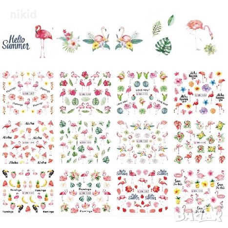 лист 12 в 1 Фламинго хаваи цветя слайдер татос ваденки водни стикери нокти маникюр, снимка 2 - Продукти за маникюр - 40890682