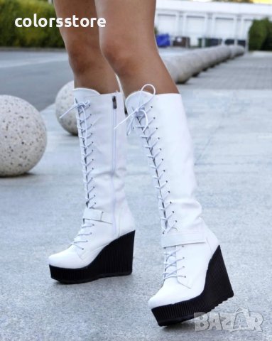 Ботуши на платформа - бяла кожа с черно ходило - 1905