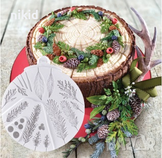 микс борови клони зимни плодове и листа силиконов молд форма фондан украса декор, снимка 2 - Форми - 36333127