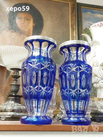 Комплект Прекрасни кристални вази със сребърни гривни''Бохемия кристал-1900 год.сребро 800, снимка 11 - Вази - 52565851