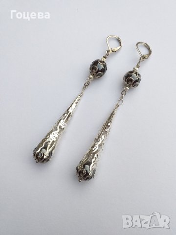 Разкошни обици с камъни Хематит и богати орнаменти в цвят сребро, снимка 2 - Обеци - 41565971