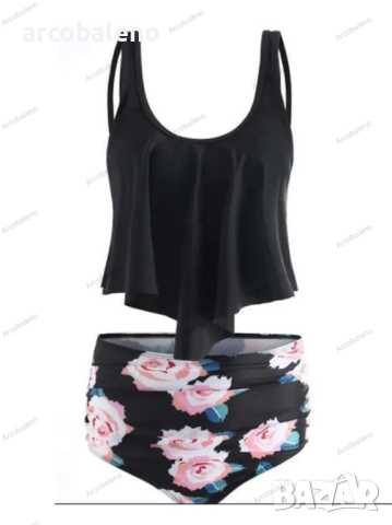 Дамски бански костюм с висока талия и волани, 15цвята, снимка 13 - Бански костюми - 44526077