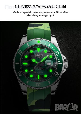 LIGE кварцов часовниk модел комуфлаж 2023,водоусточив,дата,въртящ се безел, уникален дизайн, снимка 10 - Мъжки - 41738718