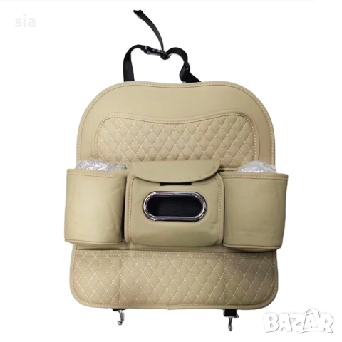 Кожен протектор/ органайзер за авто седалка, 7 отделения, бежав