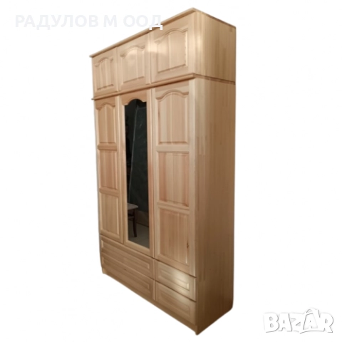 Трикрилен гардероб масив чам 135*220 см с надстройка и 4 чекмеджета / 33006, снимка 2 - Гардероби - 52008918