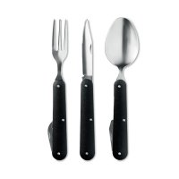 вилица лъжица и нож къмпинг комплект метални нови в черна торбичка, стомана и алуминий, снимка 5 - Прибори за хранене, готвене и сервиране - 37407929