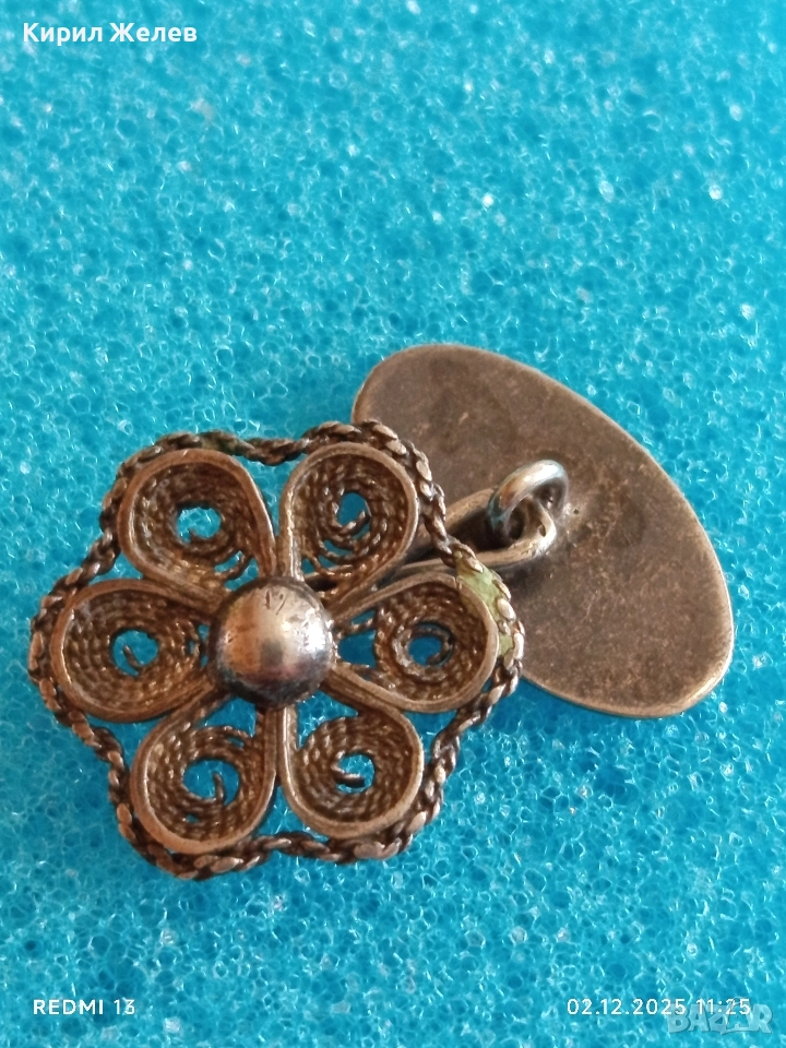 Сребърно ръчно изработено филигранно копче за ръкавели с флорален мотив 17650, снимка 1