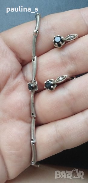 Антика / Стара сребърна гривна проба 925 с черен шпинел, снимка 1