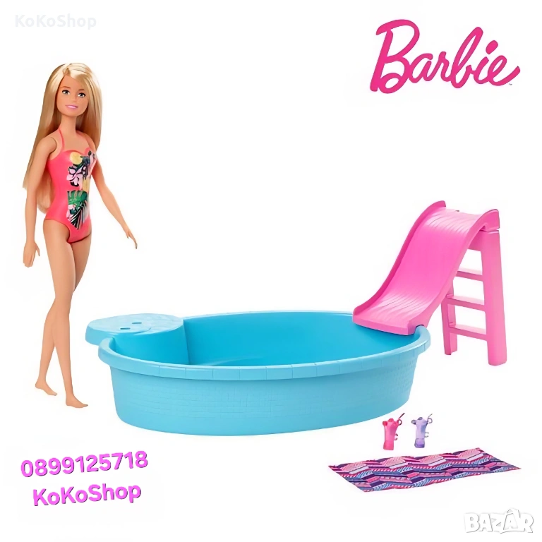 Кукла Барби с басейн с пързалка/Барби на плаж, снимка 1